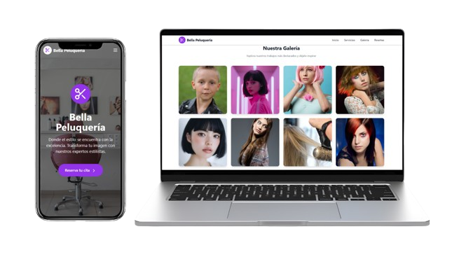 Web de Bella Peluquería en móvil y portátil, con la galería de trabajos y el botón para reservar cita